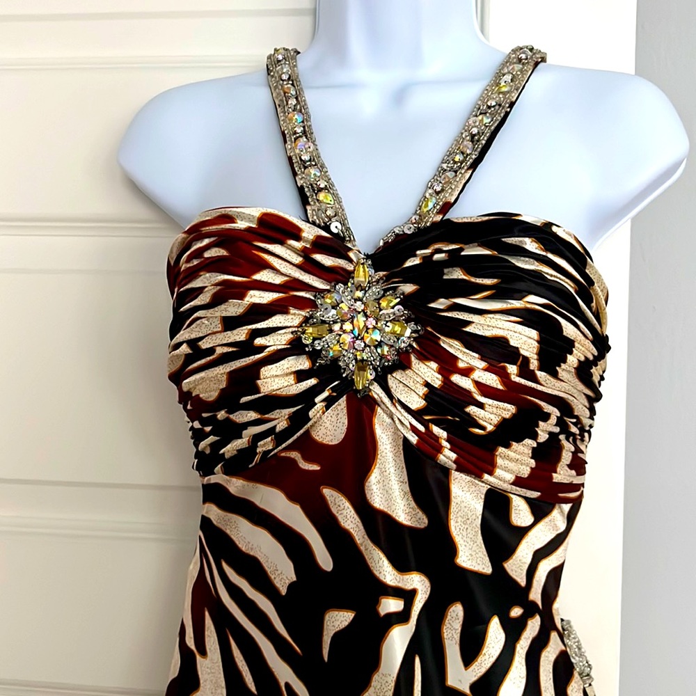 NWT Studio 17 Zebra Print Swarovski Crystal Halter Gown Dress 0
